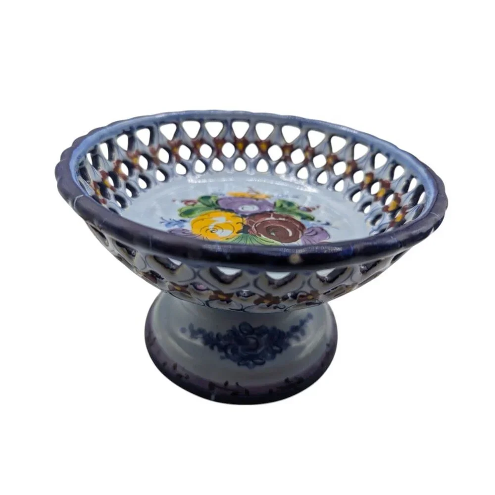 Handpainted Portugal Pottery Open Candy/Footed Compote/Footed Bowl READ